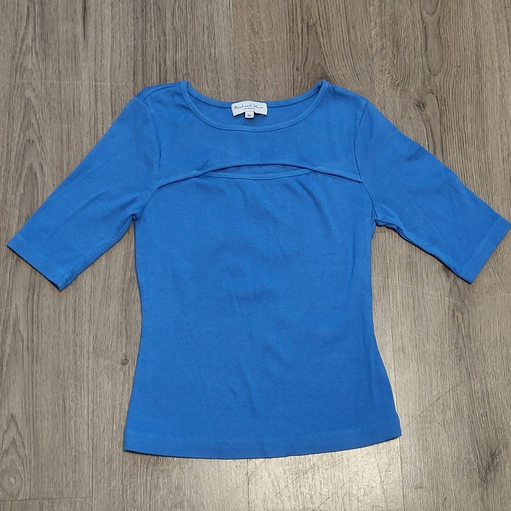 Michael Stars Womens Kiki‎ Blue Ribbed Cutout Top 3/4 Sleeve Women's size XS